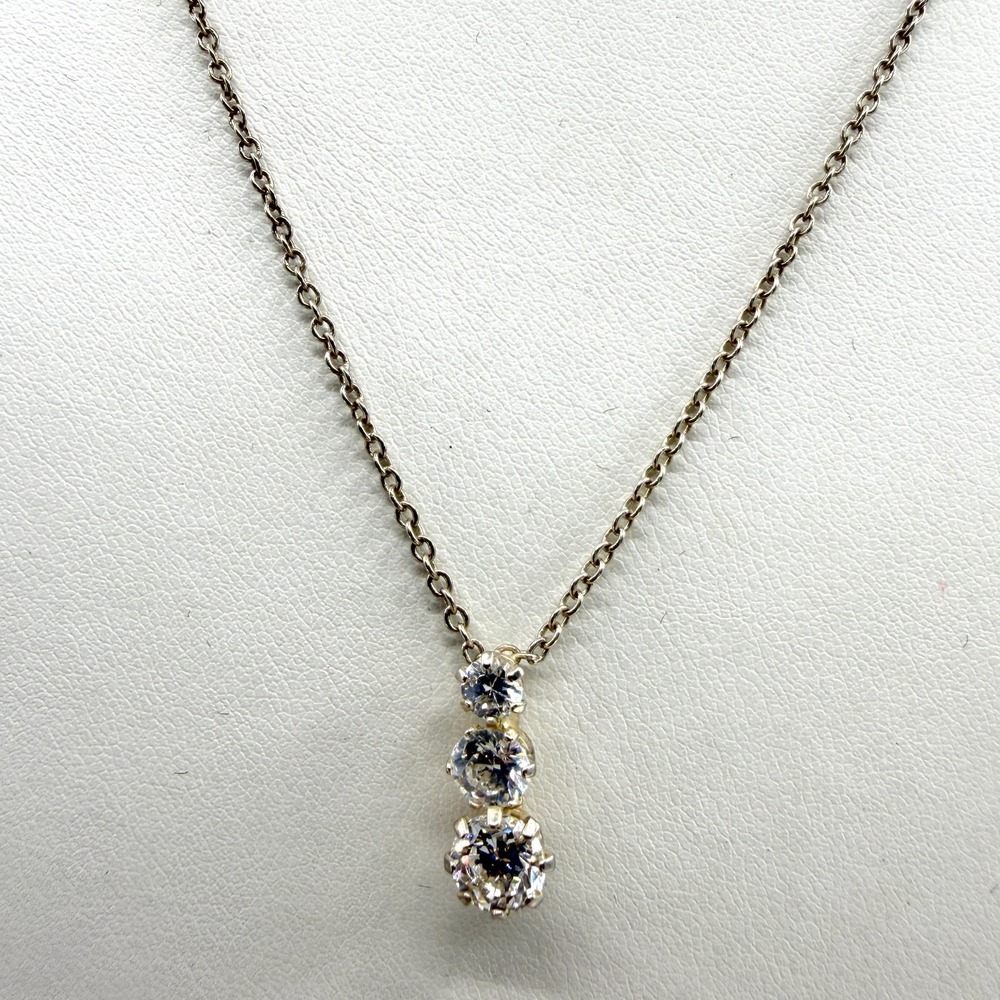 Elegant Three Stone CZ Silver Tone Pendant Necklace Minimalist Dainty Sparkle